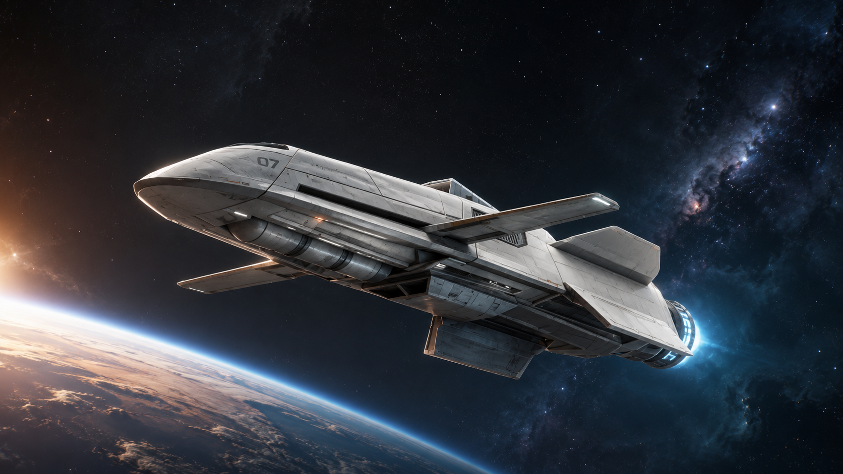 Cinematic AI spacecraft scene above Earth